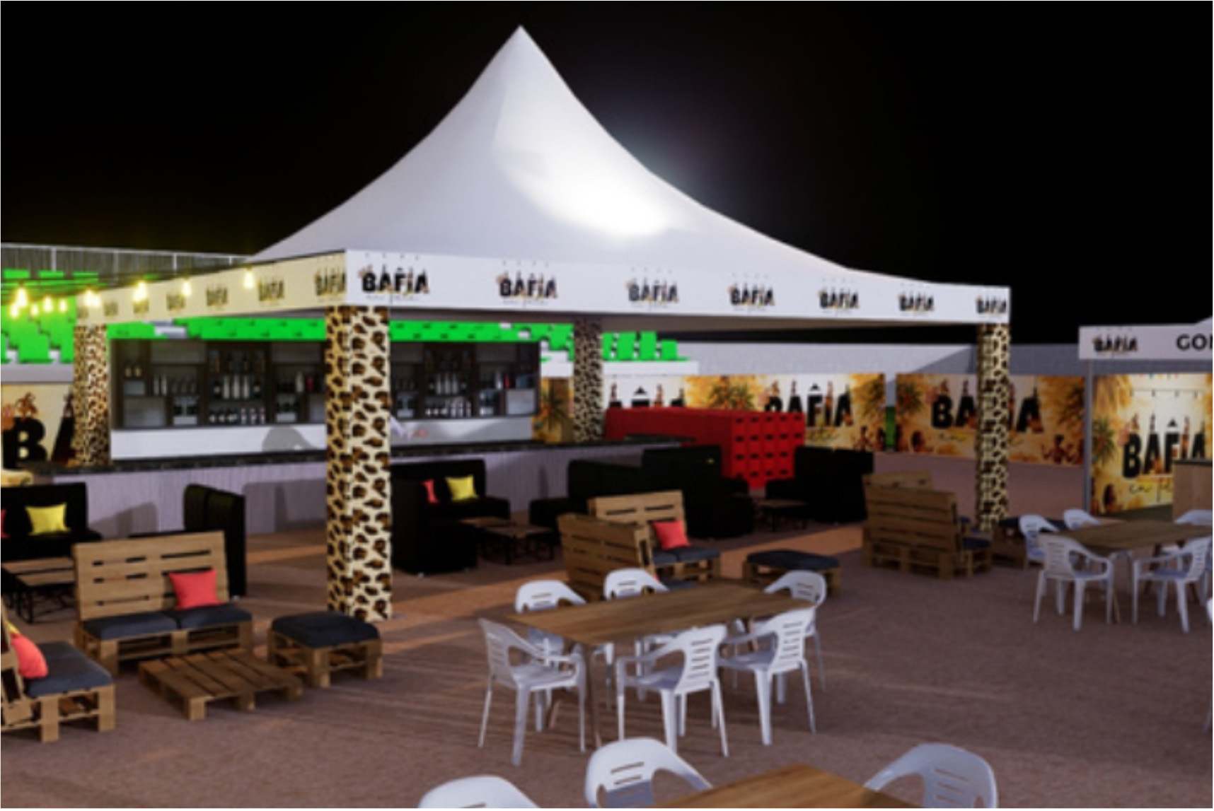Bar et espace détente extérieur avec branding BAFIA